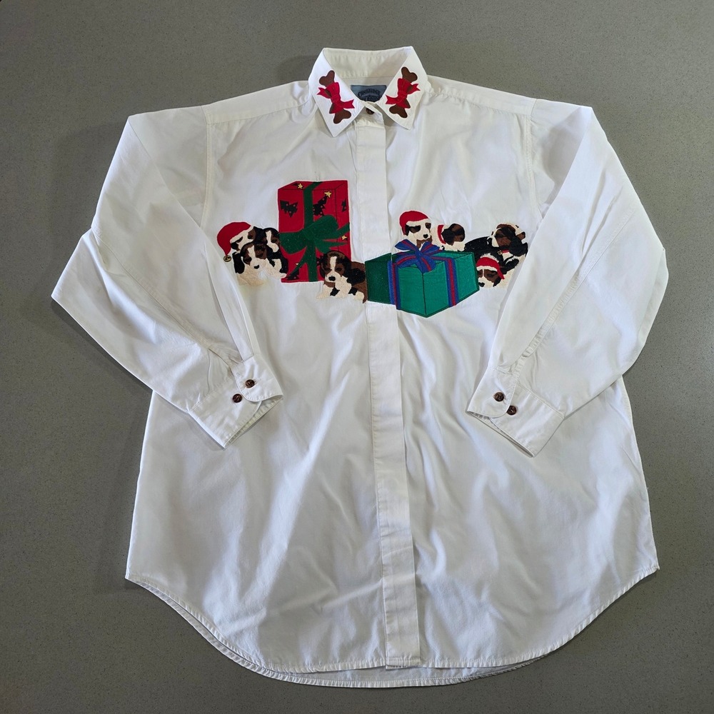 Cambridge Dry Goods Christmas Puppies Embroidered Button Down Shirt White Size 8